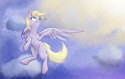 Size: 2374x1500 | Tagged: safe, artist:fanch1, derpy hooves, pegasus, pony, g4, cloud, derp, female, flying, looking up, mare, sky, solo, spread wings, underhoof, windswept mane