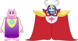 Size: 2000x1058 | Tagged: safe, artist:dalekolt, princess cadance, shining armor, g4, asgore dreemurr, cape, clothes, looking at you, open mouth, recolor, simple background, smiling, toriel, transparent background, undertale