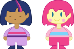 Size: 1103x736 | Tagged: safe, artist:dalekolt, pinkie pie, twilight sparkle, g4, blush sticker, blushing, c:, chara, eyes closed, frisk, frown, recolor, simple background, smiling, transparent background, undertale