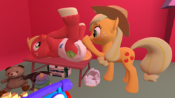 Size: 1920x1080 | Tagged: safe, artist:northern haste, applejack, big macintosh, earth pony, pony, g4, 3d, adult foal, diaper, diaper change, diaper fetish, duo, duo male and female, female, male, mare, messy diaper, non-baby in diaper, poofy diaper, poop, request, source filmmaker, stallion, urine, wet diaper