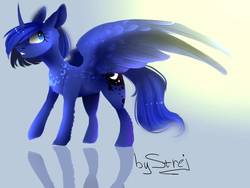 Size: 800x600 | Tagged: safe, artist:strejette, princess luna, alicorn, pony, g4, cutie mark, female, horn, reflection, simple background, solo, spread wings, wings