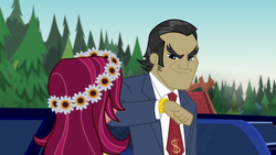 Size: 1280x720 | Tagged: safe, screencap, filthy rich, gloriosa daisy, equestria girls, g4, my little pony equestria girls: legend of everfree, car, dollar sign, duo, female, limousine, male, watch