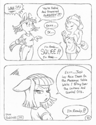 Size: 849x1100 | Tagged: safe, artist:circe, artist:steve budzinski, blue nile, rarity, anthro, comic:soreloser, g4, black and white, breasts, comic, female, grayscale, monochrome, towel, traditional art