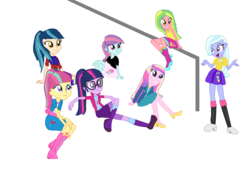 Size: 3958x2847 | Tagged: safe, artist:diana173076, dean cadance, indigo zap, lemon zest, princess cadance, sci-twi, sour sweet, sugarcoat, sunny flare, twilight sparkle, equestria girls, g4, alternate hairstyle, clothes swap, group, high res, shadow six, simple background, white background