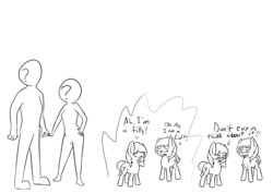 Size: 1414x1000 | Tagged: safe, artist:happy harvey, oc, oc only, oc:anon, oc:colt anon, oc:femanon, oc:filly anon, earth pony, human, pony, adult, age regression, black and white, blushing, chest fluff, colt, cutie mark, female, female to male, filly, foal, grayscale, grin, human to pony, magic, male, male to female, monochrome, phone drawing, rule 63, simple background, smiling, swap, transformation, transgender transformation, white background, worried
