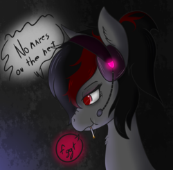 Size: 1533x1503 | Tagged: safe, artist:lazerblues, artist:otpl, oc, oc only, oc:miss eri, black and red mane, cigarette, headset, scrunchy face, smoking, solo, two toned mane