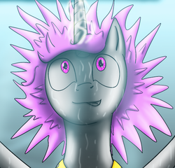 Size: 565x542 | Tagged: safe, artist:bonaxor, princess celestia, pony, comic:corruption, g4, cropped, female, glowing horn, horn, messy hair, solo