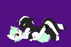 Size: 1280x853 | Tagged: safe, artist:morningxmelody, oc, oc only, pony, unicorn, cuddling, purple background, simple background, snuggling, tongue out