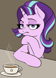 Size: 450x626 | Tagged: safe, artist:duop-qoub, artist:jericoanon, starlight glimmer, g4, chest fluff, coffee, cup, female, fluffy, food, frown, leaning, lidded eyes, looking at you, solo, steam, tea, teacup, unamused