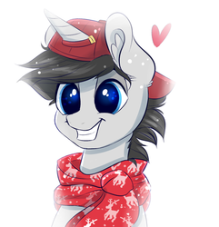 Size: 1178x1221 | Tagged: safe, artist:confetticakez, oc, oc only, pony, unicorn, clothes, hat, scarf, simple background, smiling, solo, white background