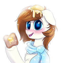 Size: 1351x1356 | Tagged: safe, artist:confetticakez, oc, oc only, oc:buttered toast, earth pony, pony, blushing, bread, butter, buttered toast, clothes, food, male, scarf, solo, stallion, toast