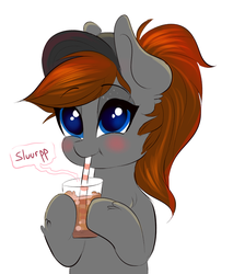 Size: 1108x1237 | Tagged: safe, artist:confetticakez, oc, oc only, pony, blushing, chocolate, chocolate milk, drinking glass, drinking straw, hat, hoof hold, milk, puffy cheeks, simple background, solo, straw, white background