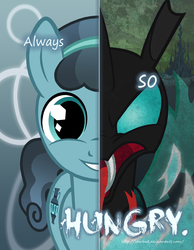 Size: 2000x2577 | Tagged: safe, artist:starbat, crystal hoof, thorax, changeling, two sided posters, g4, disguise, disguised changeling, high res, hissing, smiling, tongue out, two sides