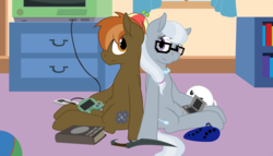 Size: 3500x2000 | Tagged: safe, artist:glacierfrostclaw, button mash, silver spoon, earth pony, pony, g4, a song of ice and fire, ball, bedroom, book, controller, cute, female, glasses, hat, high res, male, older, older button mash, older silver spoon, pearl necklace, propeller hat, shipping, silvermash, straight, television