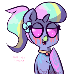 Size: 2544x2655 | Tagged: safe, artist:oreomonsterr, oc, oc only, oc:pastel gore, demon pony, fangs, high res, lidded eyes, open mouth, simple background, smiling, solo, transparent background