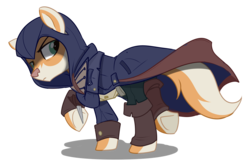 Size: 1387x932 | Tagged: safe, artist:jadedjynx, oc, oc only, oc:foxtor volpes, earth pony, fox, fox pony, hybrid, original species, pony, assassin's creed, clothes, coat, commission, crossover, hidden blade, hood, male, multicolored tail, pants, simple background, solo, stallion, transparent background, ubisoft