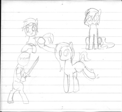 Size: 2556x2346 | Tagged: safe, artist:swegmeiser, oc, oc only, pony, bipedal, grayscale, group, high res, lined paper, lying down, monochrome, shaking, sketch, sword, traditional art, weapon