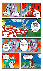 Size: 3000x5000 | Tagged: safe, artist:astroanimations, idw, discord, king sombra, princess celestia, radiant hope, comic:celestia's yearning, g4, angry, comic, male, picnic, reformed sombra, ship:dislestia, ship:hopebra, shipping, straight