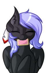 Size: 1863x2926 | Tagged: safe, artist:amazing-artsong, artist:popturtart, oc, oc only, oc:cloudy night, pegasus, pony, ear fluff, eyes closed, female, food, mare, mouth hold, poptart, simple background, solo, transparent background