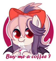 Size: 600x650 | Tagged: safe, artist:xwhitedreamsx, oc, oc only, oc:sweet velvet, bat pony, pony, bow, chibi, coffee, cup, female, hair bow, heart eyes, mare, simple background, solo, transparent background, wingding eyes