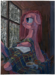 Size: 3492x4732 | Tagged: safe, artist:quiet-victories, pinkie pie, earth pony, pony, g4, blanket, book, dark, female, food, gouache, lidded eyes, rain, sad, solo, tea, traditional art, window