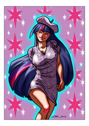 Size: 2480x3508 | Tagged: safe, artist:stefanogiudice, twilight sparkle, human, g4, beret, breasts, busty twilight sparkle, cutie mark, female, humanized, solo