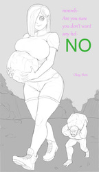 Size: 576x1002 | Tagged: safe, artist:maarthul, marble pie, oc, oc:anon, human, g4, atlas, barefoot, big breasts, breasts, busty marble pie, dialogue, feet, female, giantess, hair over one eye, humanized, macro, monochrome, muscles, rock, size difference, smaller male