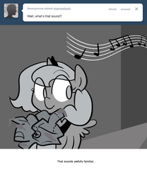 Size: 666x800 | Tagged: safe, artist:egophiliac, princess luna, moonstuck, g4, cartographer's crumpled jam-covered sticky mess, female, filly, grayscale, monochrome, music notes, solo, woona, younger
