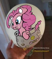 Size: 1836x2081 | Tagged: safe, artist:dfectivedvice, artist:robocop17, pinkie pie, g4, balloon, cookie, cookie jar, cute, ear fluff, food, irl, paint, paint on balloon, photo, solo, traditional art