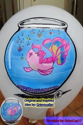Size: 1836x2753 | Tagged: safe, artist:grievousfan, artist:robocop17, pinkie pie, fish, g4, balloon, candy, cute, fish bowl, fishified, food, guppy, irl, paint on balloon, photo, solo, species swap, traditional art