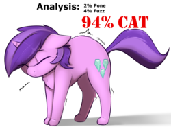 Size: 2400x1800 | Tagged: dead source, safe, artist:captainpudgemuffin, amethyst star, sparkler, cat, cat pony, original species, pony, unicorn, g4, analysis, behaving like a cat, captainpudgemuffin is trying to murder us, chest fluff, cute, dock, eyes closed, female, fluffy, hnnng, pone, shivering, simple background, solo, stretching, white background