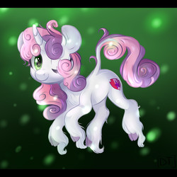 Size: 1200x1200 | Tagged: safe, artist:rizzych, sweetie belle, classical unicorn, g4, cloven hooves, cutie mark, female, horn, leonine tail, long feather, one eye closed, solo, the cmc's cutie marks, unshorn fetlocks, wink