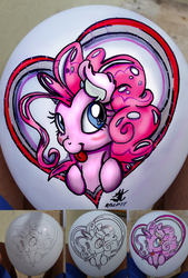 Size: 1836x2720 | Tagged: safe, artist:dfectivedvice, artist:robocop17, pinkie pie, g4, art progress, balloon, blushing, cute, diapinkes, ear fluff, heart, irl, looking at you, paint on balloon, photo, progress, solo, tongue out, traditional art