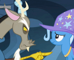 Size: 604x496 | Tagged: safe, screencap, discord, trixie, pony, unicorn, g4, to where and back again, animated, cropped, frightober, gif, loop, poking, squishy chest, talking, trixie's hat