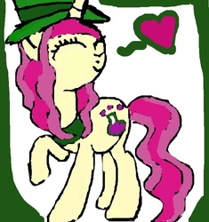 Size: 703x747 | Tagged: artist needed, safe, artist:ella elixir, oc, oc only, oc:ella elixir, pony, unicorn, collar, hat, heart, ms paint, peach coat, pink mane, solo, top hat