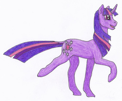 Size: 4397x3638 | Tagged: safe, artist:breadworth, twilight sparkle, g4, curved horn, female, horn, open mouth, raised hoof, raised leg, simple background, smiling, solo, traditional art, white background
