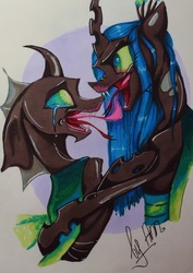 Size: 2380x3360 | Tagged: safe, artist:byannss, queen chrysalis, thorax, changeling, changeling queen, g4, to where and back again, changeling feeding, crying, female, high res, traditional art