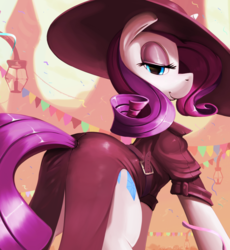 Size: 937x1019 | Tagged: safe, artist:subjectnumber2394, rarity, pony, unicorn, g4, rarity investigates, butt, canterlot, clothes, coat, detective rarity, female, hat, mare, plot, smiling, solo