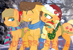 Size: 1024x706 | Tagged: safe, artist:superrosey16, applejack, caramel, oc, g4, family, male, offspring, parent:applejack, parent:caramel, parents:carajack, ship:carajack, shipping, straight