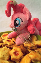 Size: 3264x4912 | Tagged: safe, artist:fafatacle, pinkie pie, g4, absurd resolution, baking, cookie, food, irl, mouth hold, photo, plushie, solo, toy, whisk