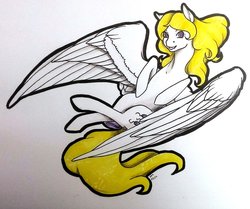 Size: 1024x857 | Tagged: safe, artist:oneiria-fylakas, part of a set, surprise, pegasus, pony, g1, g4, bow, female, flying, g1 to g4, generation leap, simple background, solo, tail bow, traditional art, white background