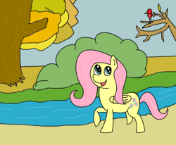 Size: 966x796 | Tagged: safe, artist:amateur-draw, fluttershy, bird, g4, female, forest, ms paint, river, solo, stream, tree, water