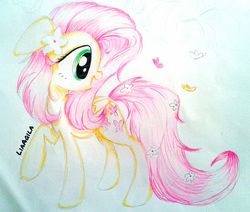 Size: 2048x1738 | Tagged: safe, artist:liaaqila, fluttershy, butterfly, pegasus, pony, g4, female, flower, flower in tail, folded wings, looking at something, looking back, mare, marker drawing, open mouth, profile, raised hoof, solo, traditional art, turned head