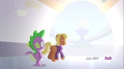 Size: 1100x618 | Tagged: safe, screencap, ms. harshwhinny, spike, pony, equestria games (episode), g4, all new, butt, female, hub logo, mare, plot, text