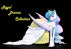 Size: 2600x1800 | Tagged: safe, artist:maria-fly, princess celestia, g4, black background, clothes, dress, ear piercing, female, jewelry, lidded eyes, looking at you, piercing, regalia, ruff (clothing), simple background, smiling, solo, unshorn fetlocks