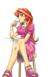 Size: 700x1065 | Tagged: safe, artist:invisibleone11, sunset shimmer, equestria girls, g4, my little pony equestria girls: friendship games, beautiful, chair, clothes, crossed legs, dress, drink, drinking, female, high heels, legs, looking at you, shoes, simple background, sitting, skirt, solo, upskirt denied, white background