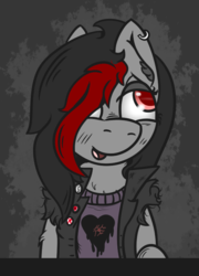 Size: 523x725 | Tagged: safe, artist:lazerblues, oc, oc only, oc:miss eri, black and red mane, chest fluff, clothes, ear piercing, jacket, piercing, shirt, solo, two toned mane