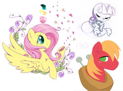 Size: 1194x890 | Tagged: safe, artist:raininess, big macintosh, fluttershy, shining armor, twilight velvet, earth pony, pony, g4, colt, flower, male, petals, simple background, sketch, stallion, underhoof, wip