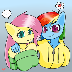 Size: 1800x1800 | Tagged: safe, artist:redprep, fluttershy, rainbow dash, anthro, g4, blushing, clothes, female, gradient background, heart, hoodie, lesbian, ship:flutterdash, shipping, shirt, shoulderless, sweat