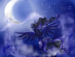 Size: 800x600 | Tagged: safe, artist:pinkymynery2212, princess luna, g4, constellation, crescent moon, female, flying, moon, solo, stars